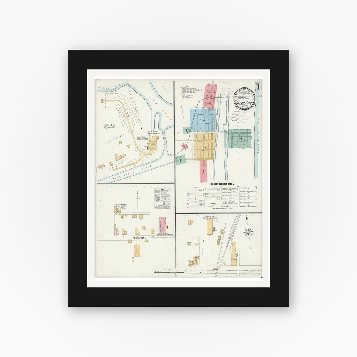 Old map wall art mockup — black gallery frame with white mat — Sanborn Fire Insurance Map from Selins Grove, Snyder County, Pennsylvania (1899) - Complete Map Set
