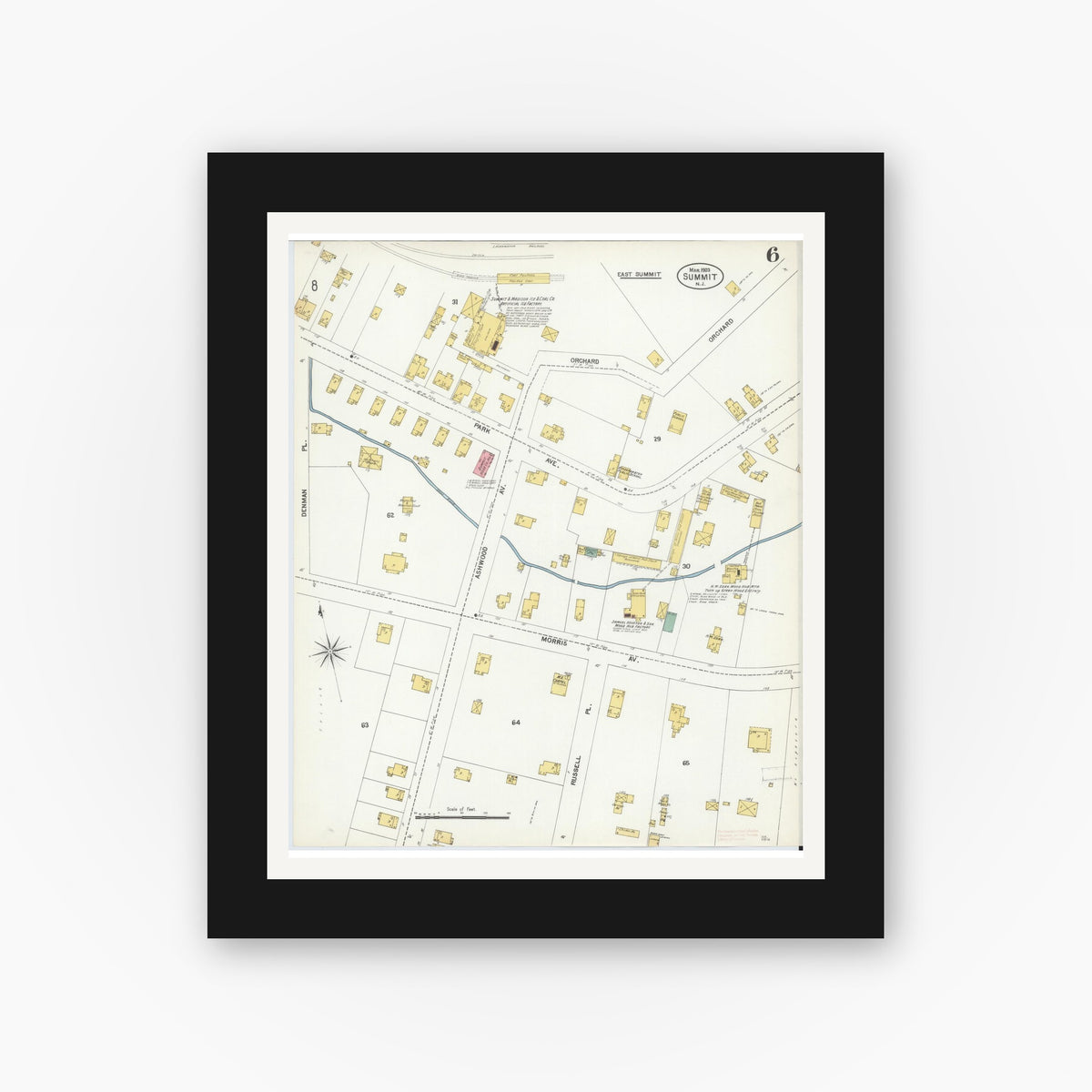 Old map wall art mockup — black gallery frame with white mat — Sanborn Fire Insurance Map from Summit, Union County, New Jersey (1903), Sheet #0006