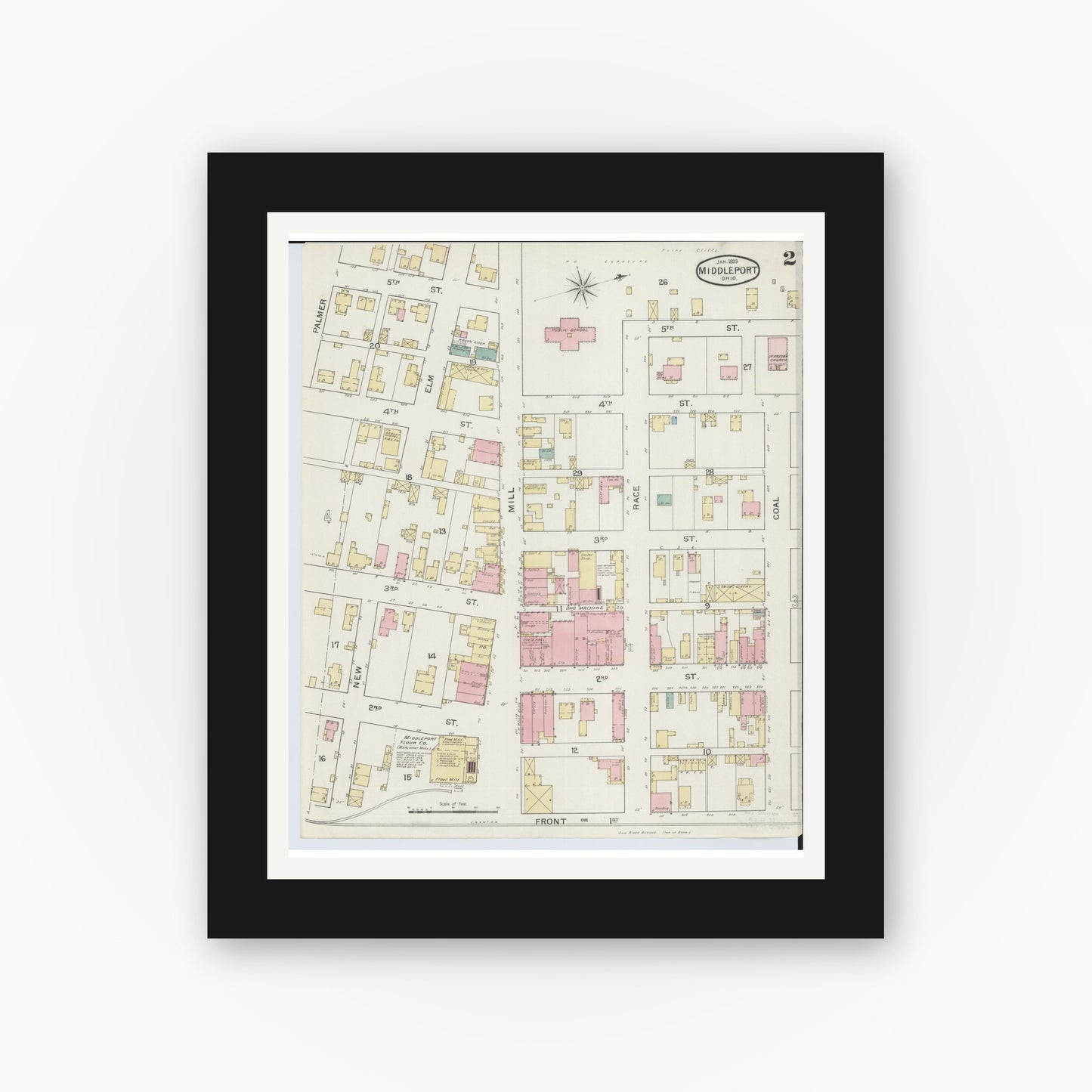 Old map wall art mockup — black gallery frame with white mat — Sanborn Fire Insurance Map from Middleport, Meigs County, Ohio (1893), Sheet #0002
