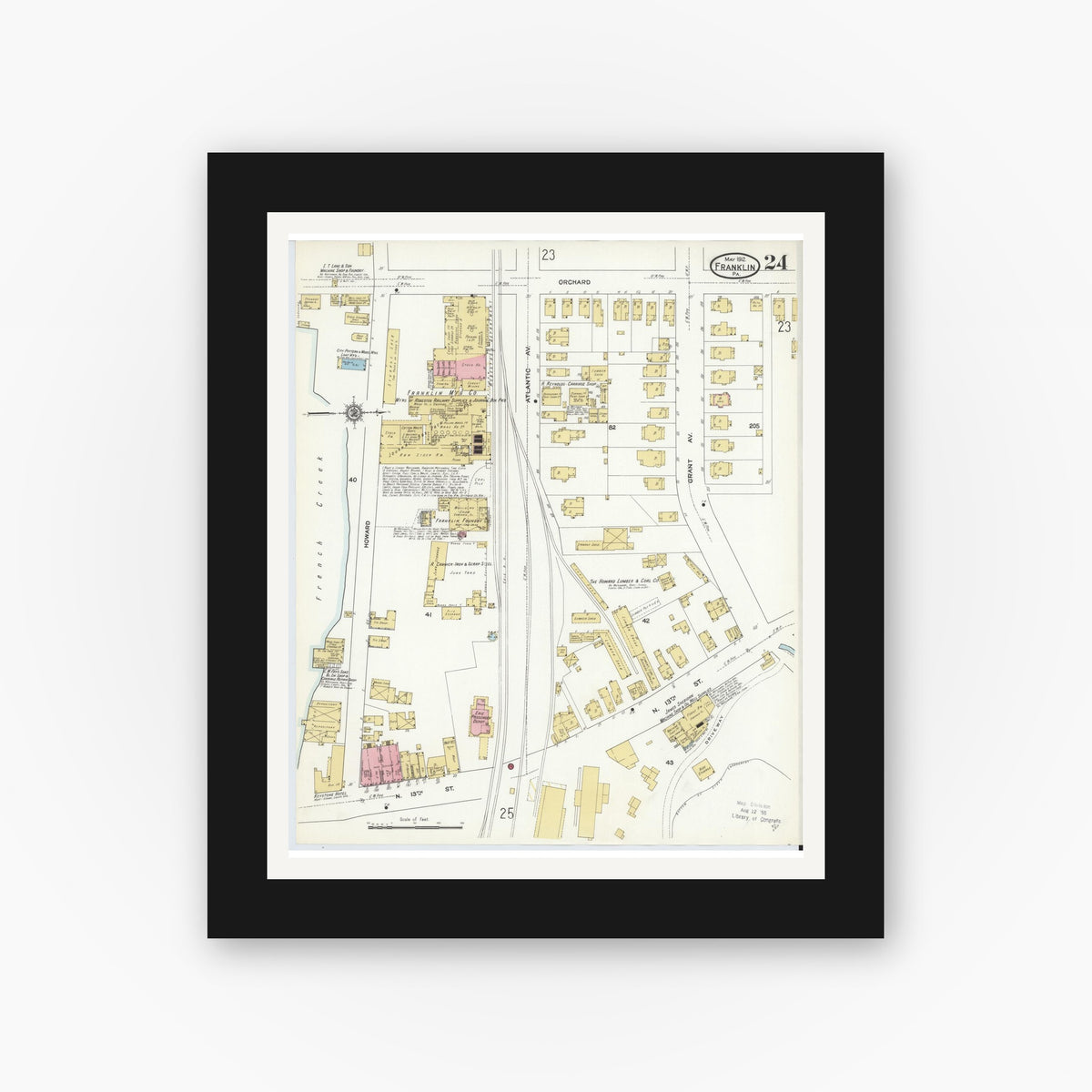 Old map wall art mockup — black gallery frame with white mat — Sanborn Fire Insurance Map from Franklin, Venango County, Pennsylvania (1912), Sheet #0024