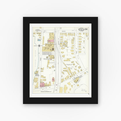 Old map wall art mockup — black gallery frame with white mat — Sanborn Fire Insurance Map from Franklin, Venango County, Pennsylvania (1912), Sheet #0024