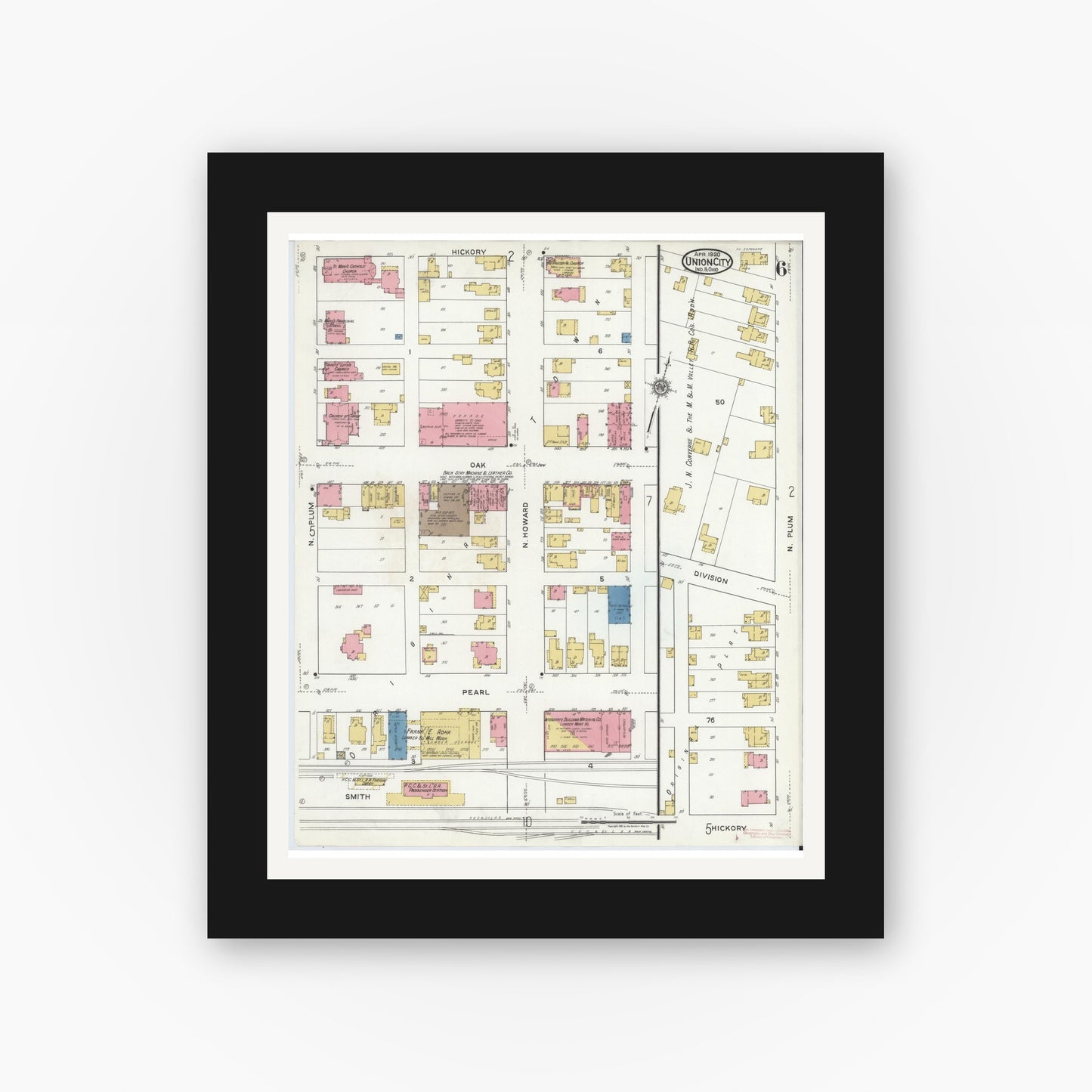 Old map wall art mockup — black gallery frame with white mat — Sanborn Fire Insurance Map from Union City, Randolph County, Indiana (1920), Sheet #0006