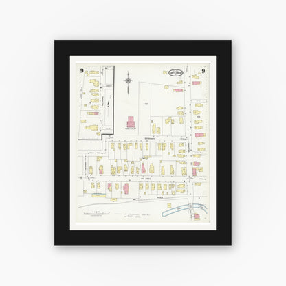 Old map wall art mockup — black gallery frame with white mat — Sanborn Fire Insurance Map from Fort Edward, Washington County, New York (1924), Sheet #0009