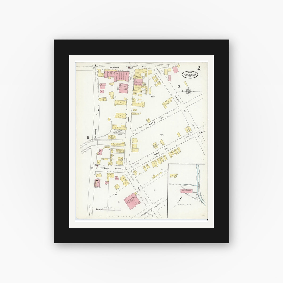 Old map wall art mockup — black gallery frame with white mat — Sanborn Fire Insurance Map from Haverstraw, Rockland County, New York (1910) - Complete Map Set