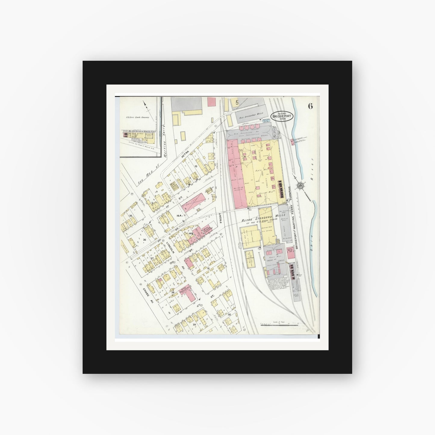 Old map wall art mockup — black gallery frame with white mat — Sanborn Fire Insurance Map from Bridgeport, Belmont County, Ohio (1910), Sheet #0006