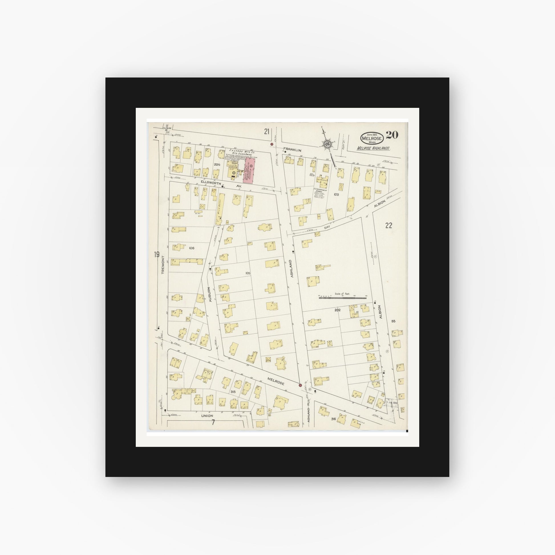 Old map wall art mockup — black gallery frame with white mat — Sanborn Fire Insurance Map from Melrose, Middlesex County, Massachusetts (1915), Sheet #0020