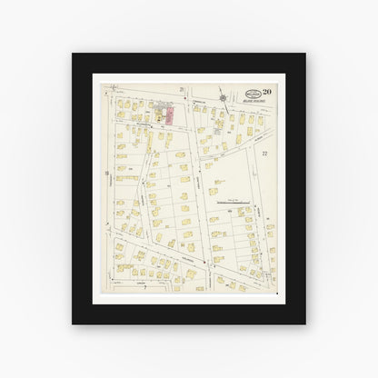 Old map wall art mockup — black gallery frame with white mat — Sanborn Fire Insurance Map from Melrose, Middlesex County, Massachusetts (1915), Sheet #0020