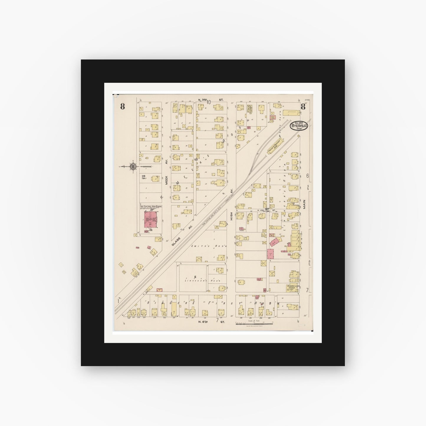 Old map wall art mockup — black gallery frame with white mat — Sanborn Fire Insurance Map from Byesville, Guernsey County, Ohio (1922), Sheet #0008