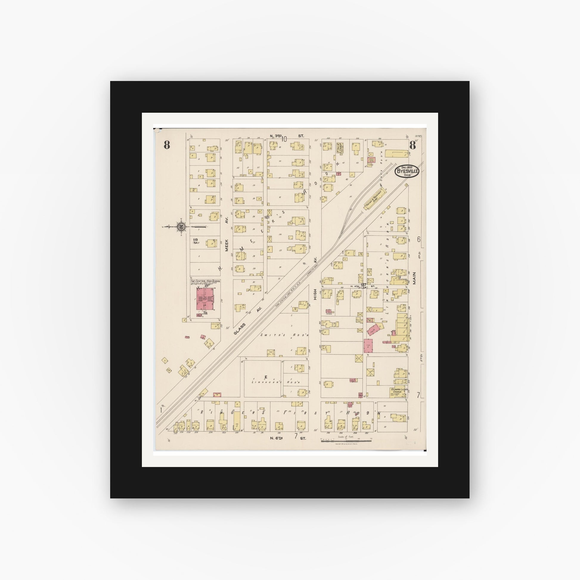 Old map wall art mockup — black gallery frame with white mat — Sanborn Fire Insurance Map from Byesville, Guernsey County, Ohio (1922), Sheet #0008