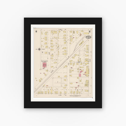 Old map wall art mockup — black gallery frame with white mat — Sanborn Fire Insurance Map from Byesville, Guernsey County, Ohio (1922), Sheet #0008