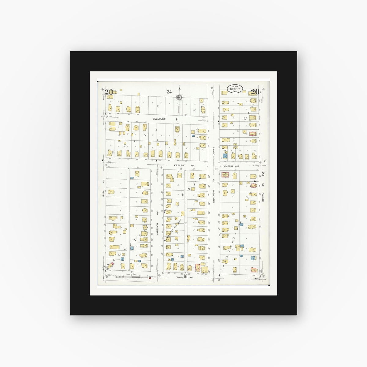 Old map wall art mockup — black gallery frame with white mat — Sanborn Fire Insurance Map from Beloit, Rock County, Wisconsin (1926), Sheet #0020
