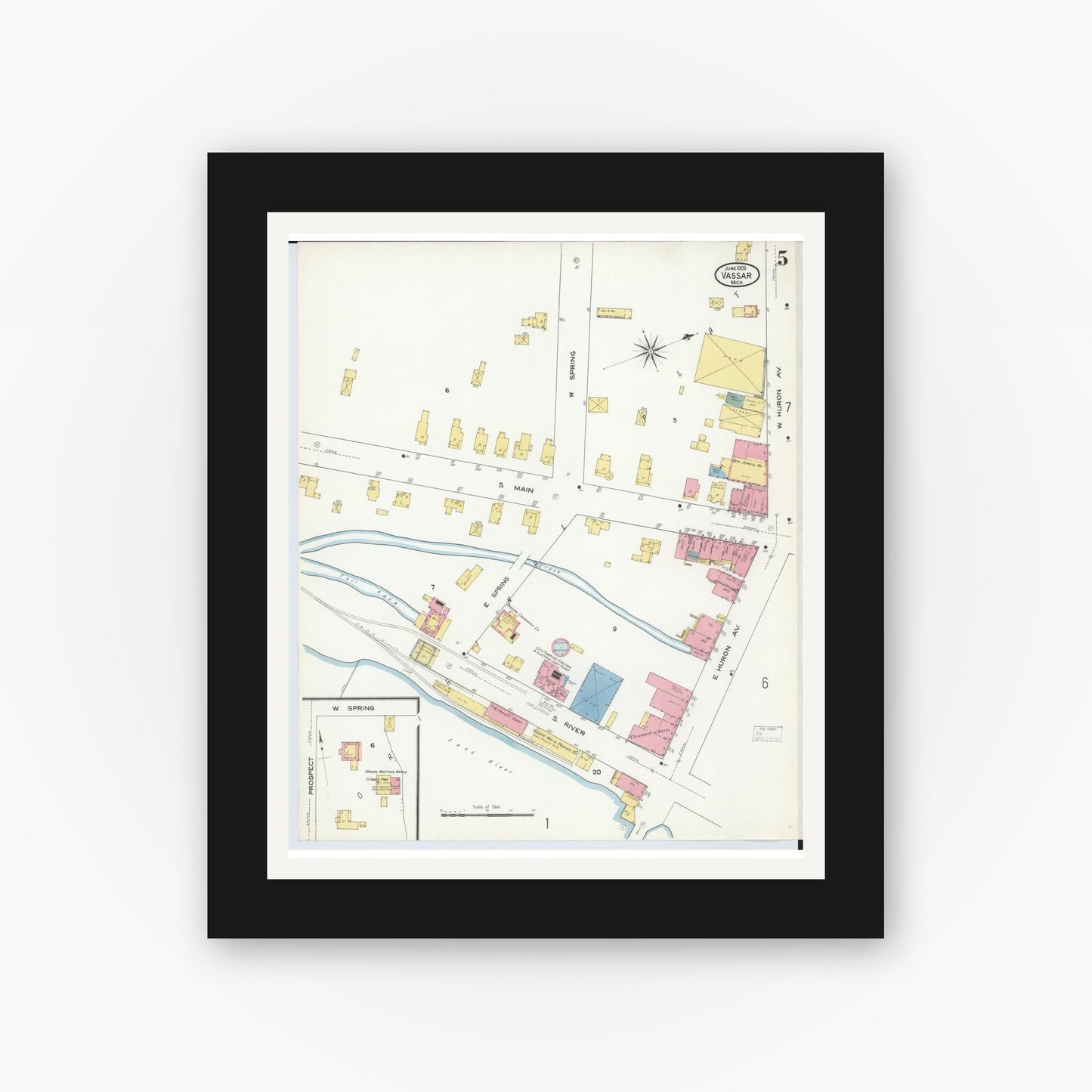 Old map wall art mockup — black gallery frame with white mat — Sanborn Fire Insurance Map from Vassar, Tuscola County, Michigan (1909), Sheet #0005