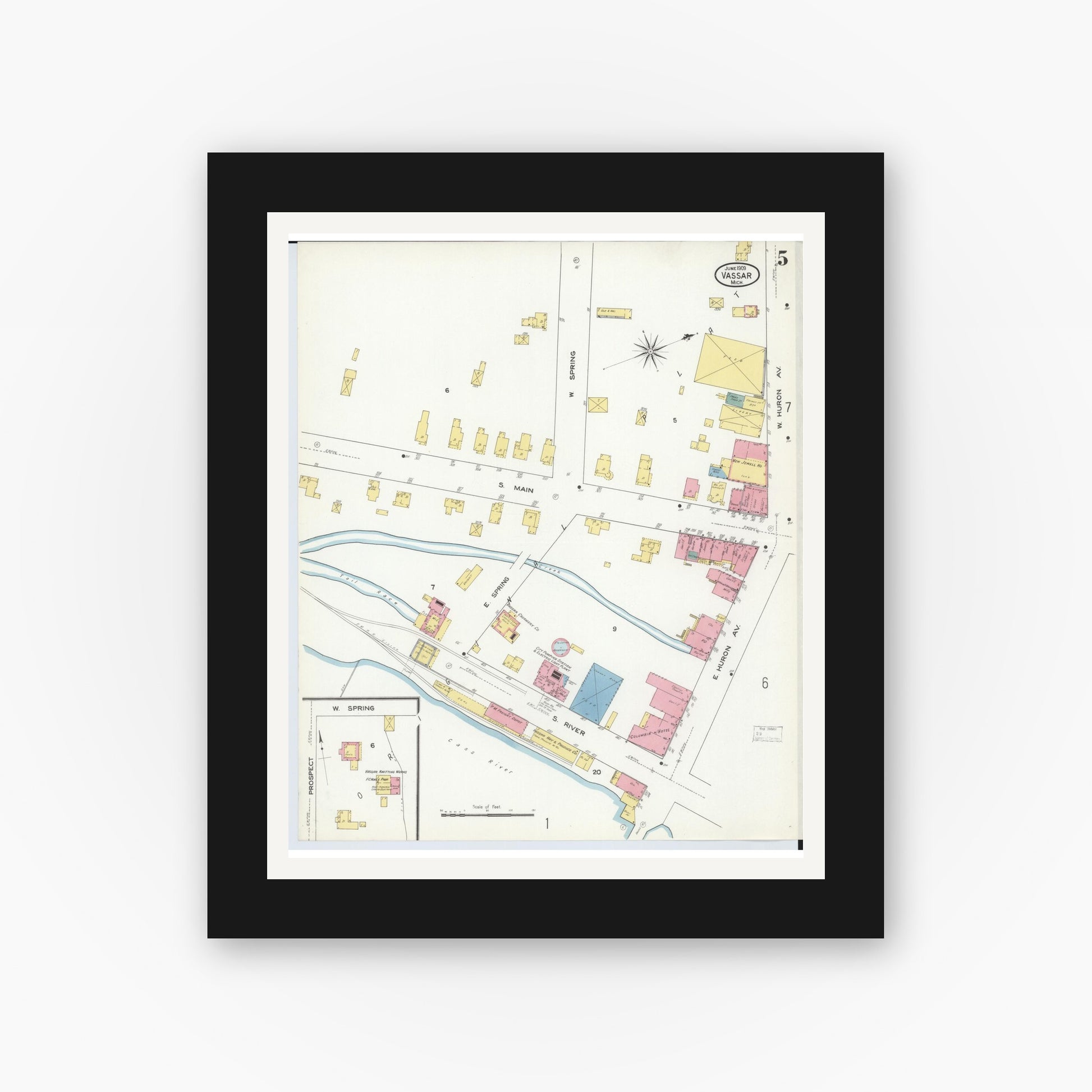 Old map wall art mockup — black gallery frame with white mat — Sanborn Fire Insurance Map from Vassar, Tuscola County, Michigan (1909), Sheet #0005