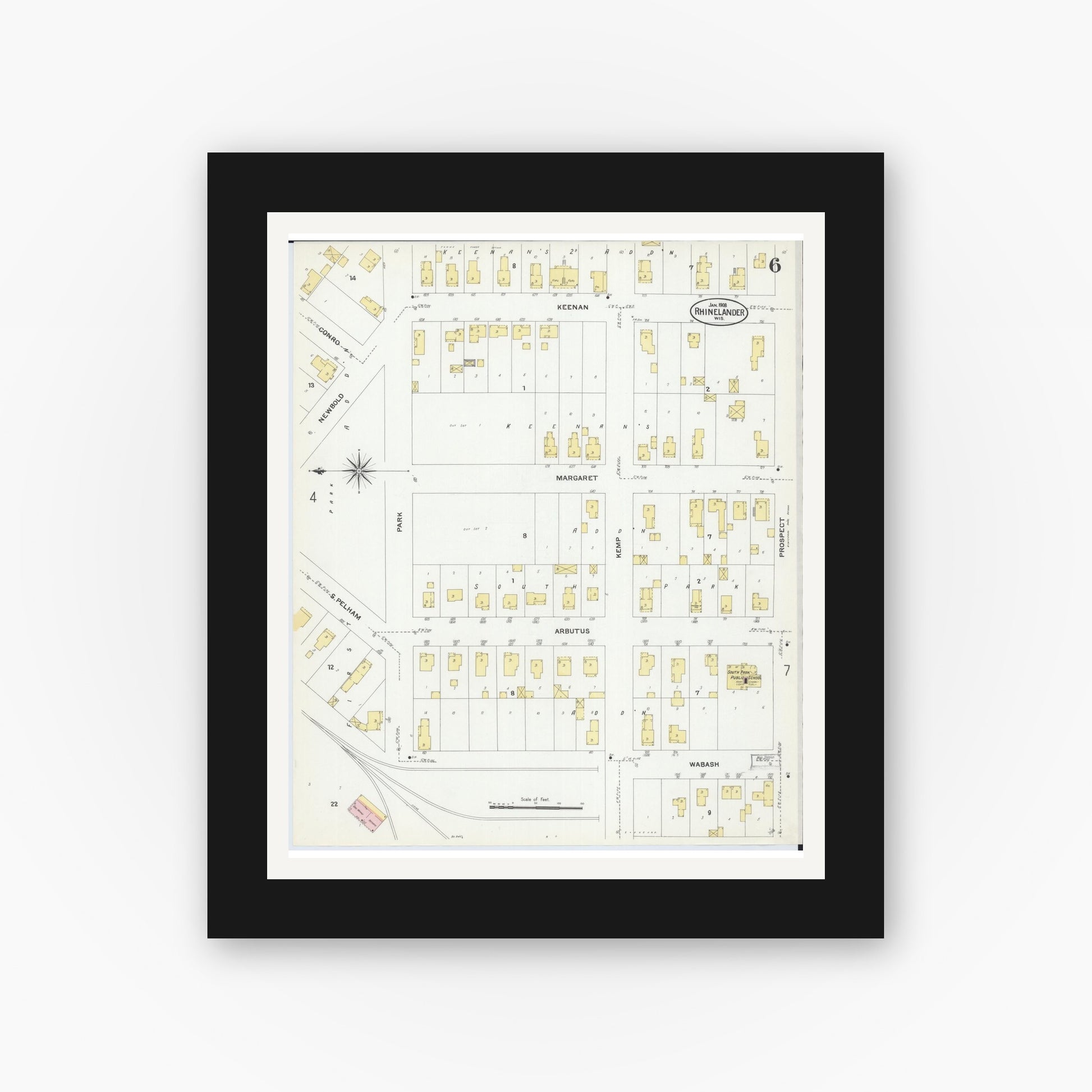 Old map wall art mockup — black gallery frame with white mat — Sanborn Fire Insurance Map from Rhinelander, Oneida County, Wisconsin (1908), Sheet #0006