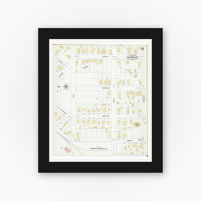 Old map wall art mockup — black gallery frame with white mat — Sanborn Fire Insurance Map from Rhinelander, Oneida County, Wisconsin (1908), Sheet #0006