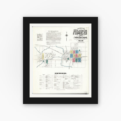 Old map wall art mockup — black gallery frame with white mat — Sanborn Fire Insurance Map from Ames, Story County, Iowa (1911) â€” Complete Set