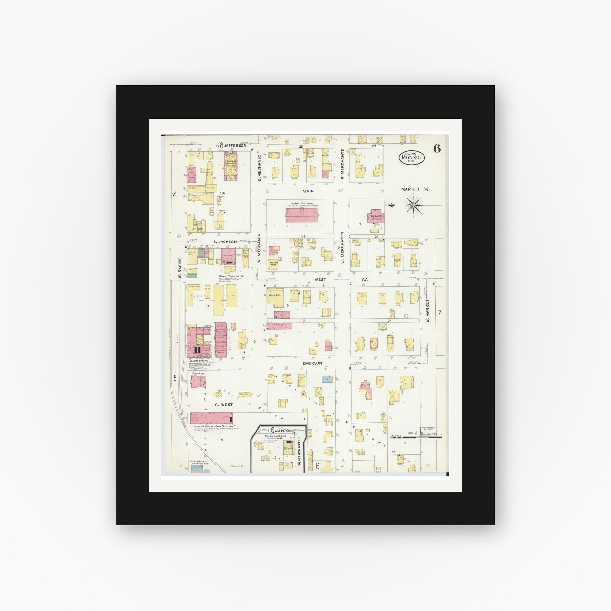 Old map wall art mockup — black gallery frame with white mat — Sanborn Fire Insurance Map from Monroe, Green County, Wisconsin (1908), Sheet #0006