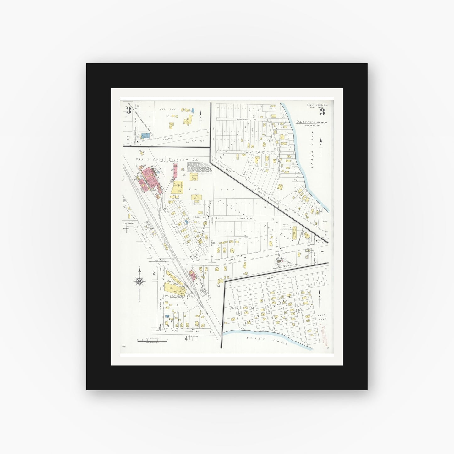 Old map wall art mockup — black gallery frame with white mat — Sanborn Fire Insurance Map from Grays Lake, Lake County, Illinois (1934), Sheet #0003