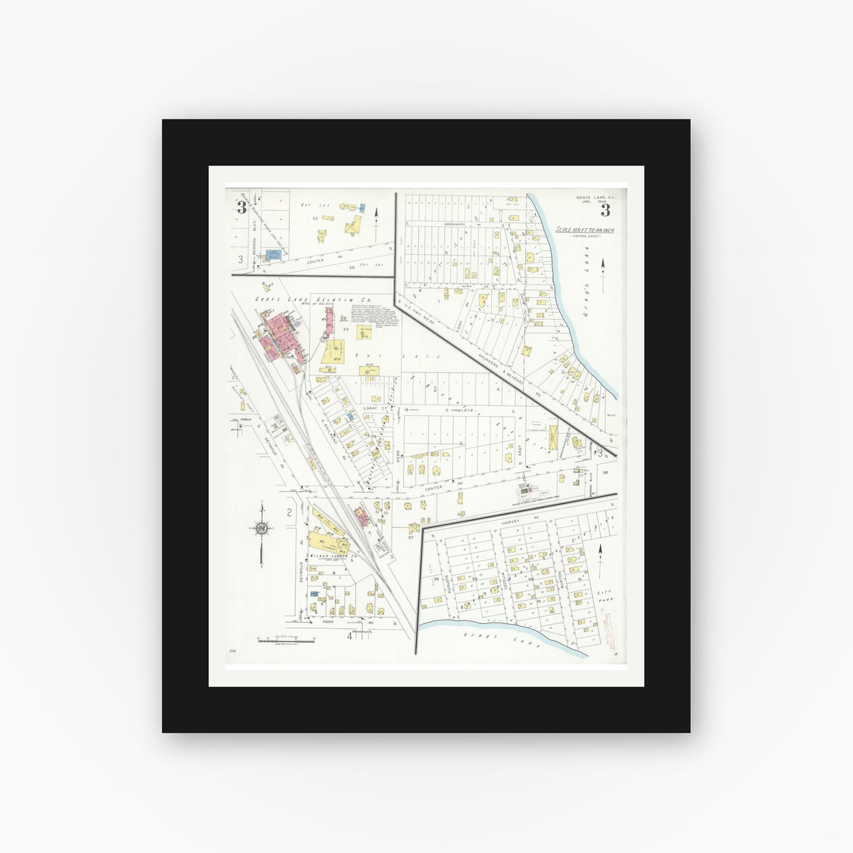 Old map wall art mockup — black gallery frame with white mat — Sanborn Fire Insurance Map from Grays Lake, Lake County, Illinois (1934), Sheet #0003