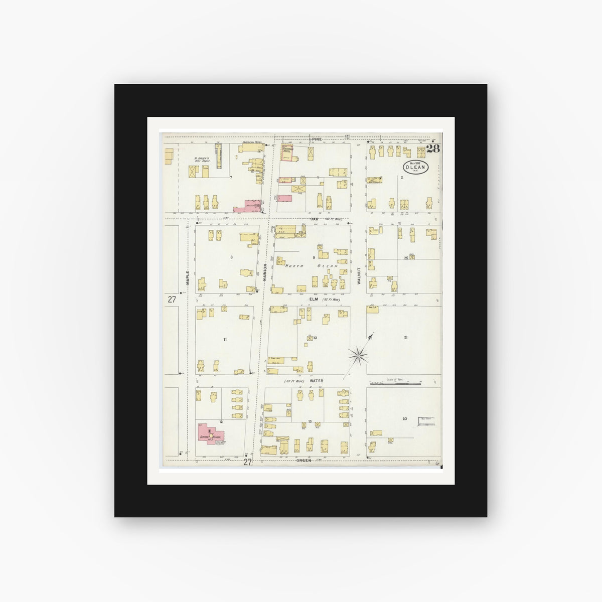 Old map wall art mockup — black gallery frame with white mat — Sanborn Fire Insurance Map from Olean, Cattaraugus County, New York (1898), Sheet #0028