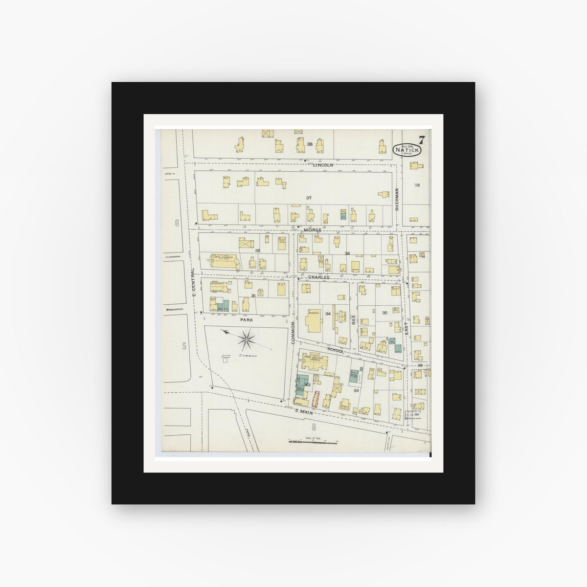 Old map wall art mockup — black gallery frame with white mat — Sanborn Fire Insurance Map from Natick, Middlesex County, Massachusetts (1894), Sheet #0007