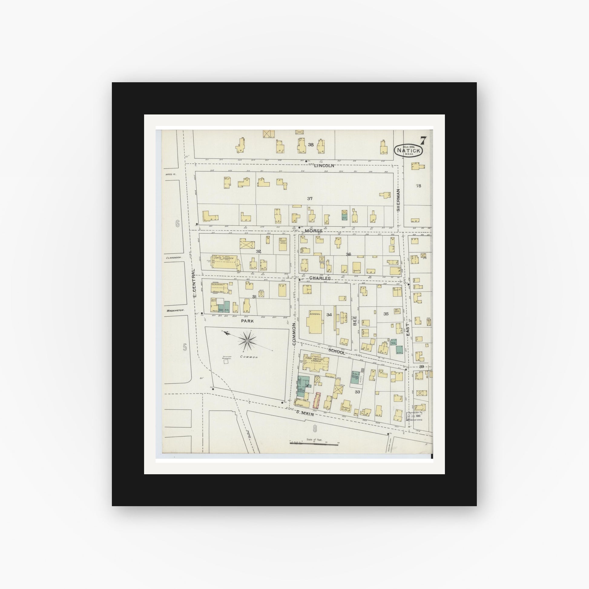Old map wall art mockup — black gallery frame with white mat — Sanborn Fire Insurance Map from Natick, Middlesex County, Massachusetts (1894), Sheet #0007