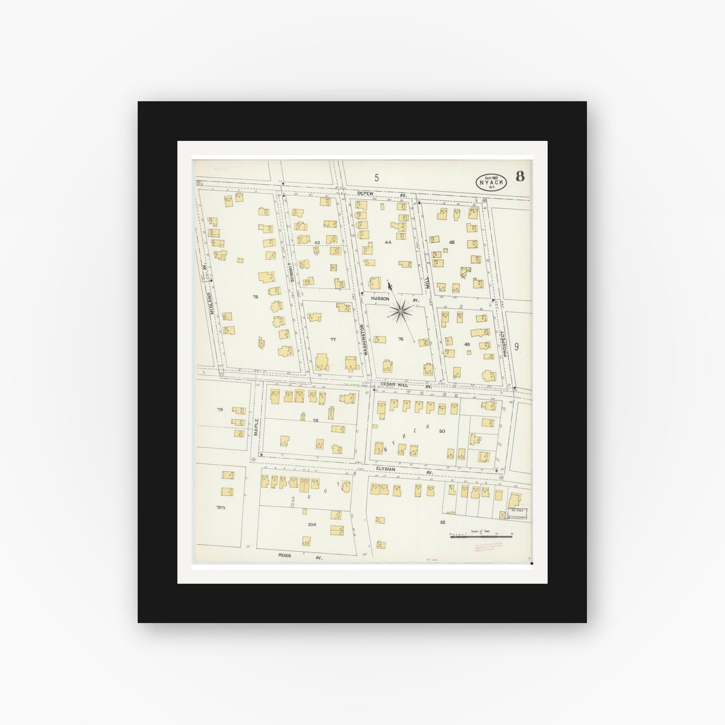 Old map wall art mockup — black gallery frame with white mat — Sanborn Fire Insurance Map from Nyack, Rockland County, New York. (1903), Sheet #0008