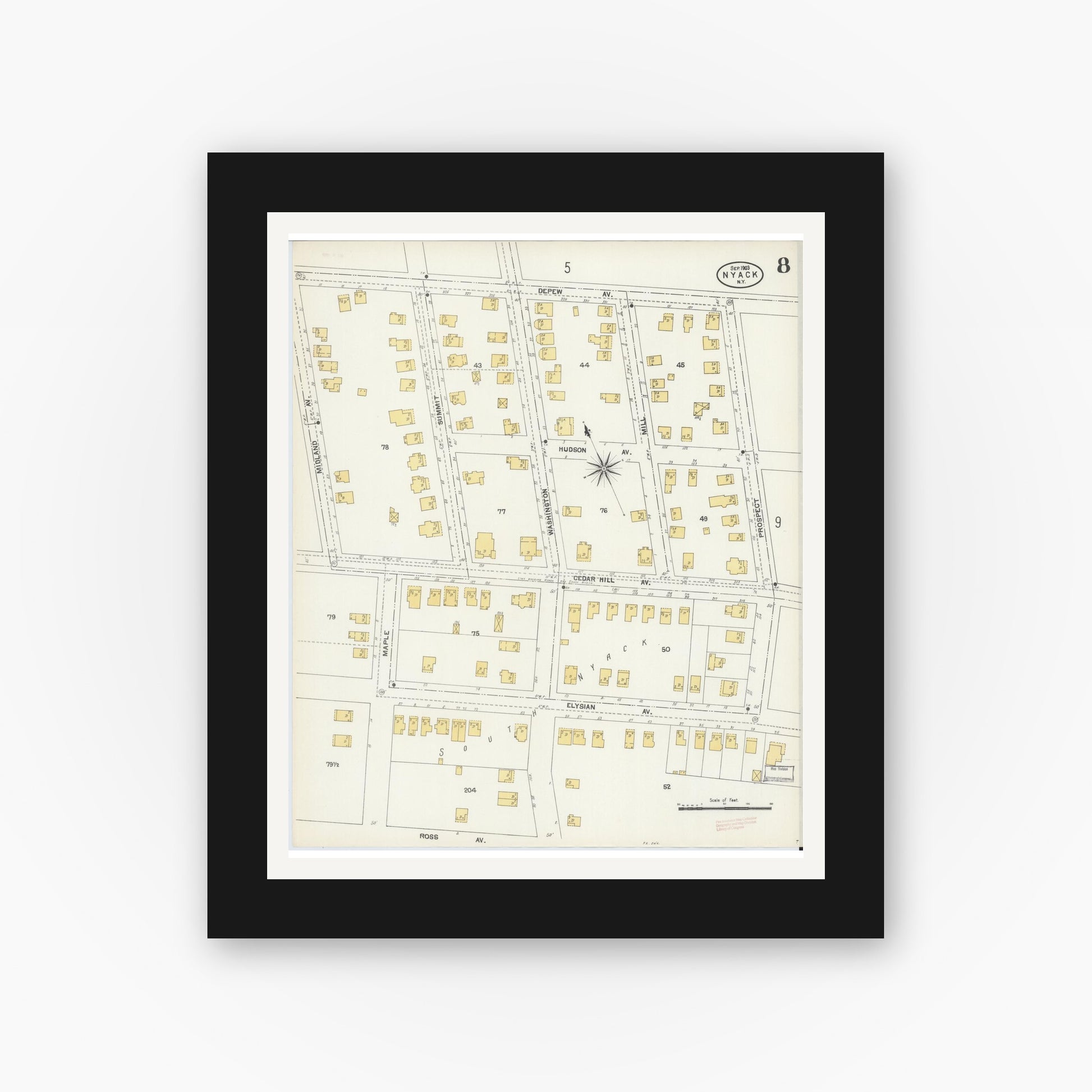 Old map wall art mockup — black gallery frame with white mat — Sanborn Fire Insurance Map from Nyack, Rockland County, New York. (1903), Sheet #0008