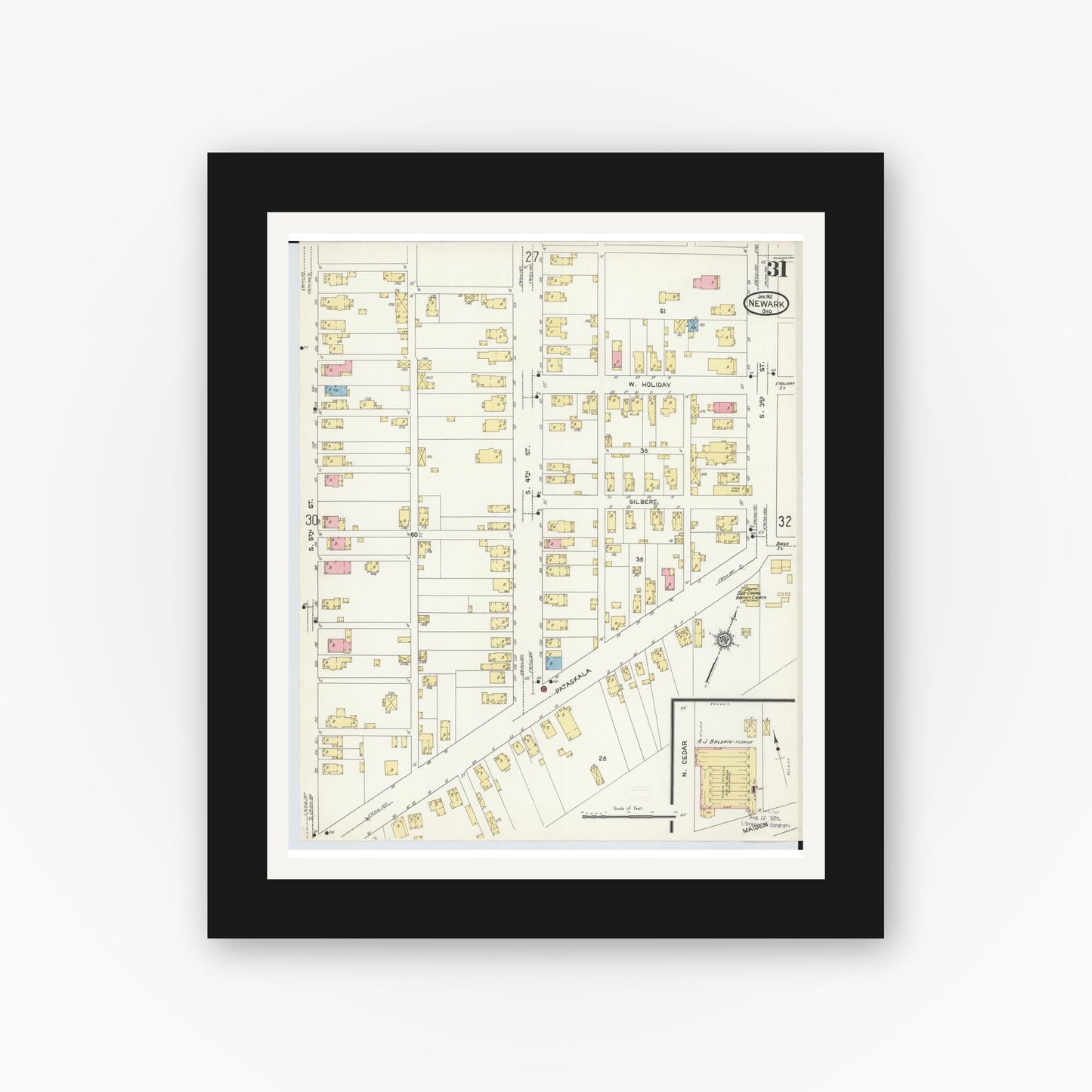 Old map wall art mockup — black gallery frame with white mat — Sanborn Fire Insurance Map from Newark, Licking County, Ohio (1912), Sheet #0031