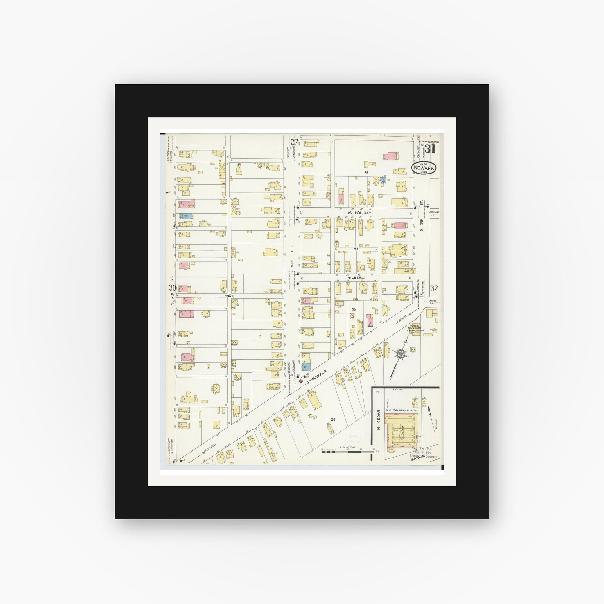 Old map wall art mockup — black gallery frame with white mat — Sanborn Fire Insurance Map from Newark, Licking County, Ohio (1912), Sheet #0031