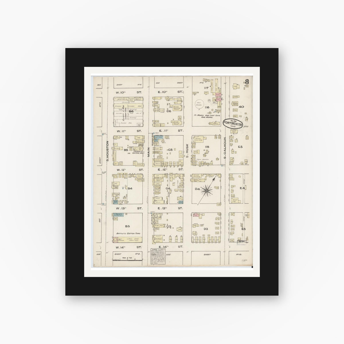 Old map wall art mockup — black gallery frame with white mat — Sanborn Fire Insurance Map from Fort Worth, Tarrant County, Texas (1885), Sheet #0008