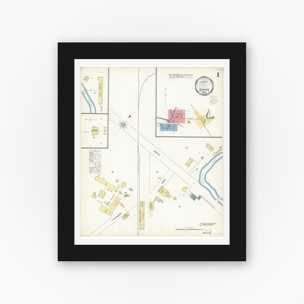 Old map wall art mockup — black gallery frame with white mat — Sanborn Fire Insurance Map from Alvarado, Alameda County, California (1901), Sheet #0001