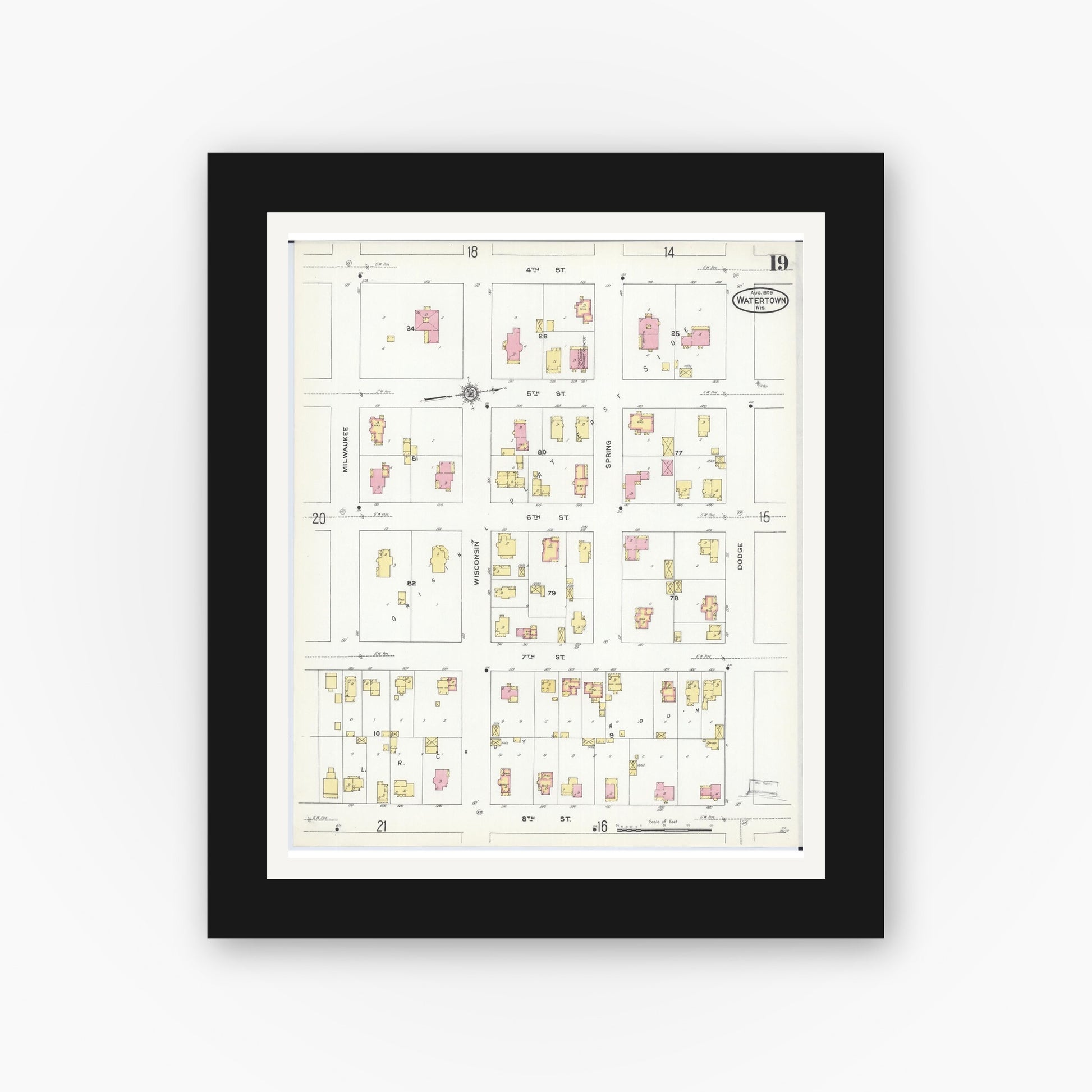Old map wall art mockup — black gallery frame with white mat — Sanborn Fire Insurance Map from Watertown, Jefferson County, Wisconsin (1909), Sheet #0019