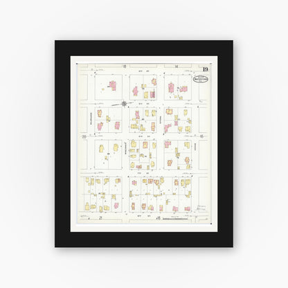 Old map wall art mockup — black gallery frame with white mat — Sanborn Fire Insurance Map from Watertown, Jefferson County, Wisconsin (1909), Sheet #0019