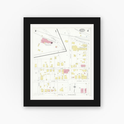 Old map wall art mockup — black gallery frame with white mat — Sanborn Fire Insurance Map from Monroe, Union County, North Carolina (1930), Sheet #0004