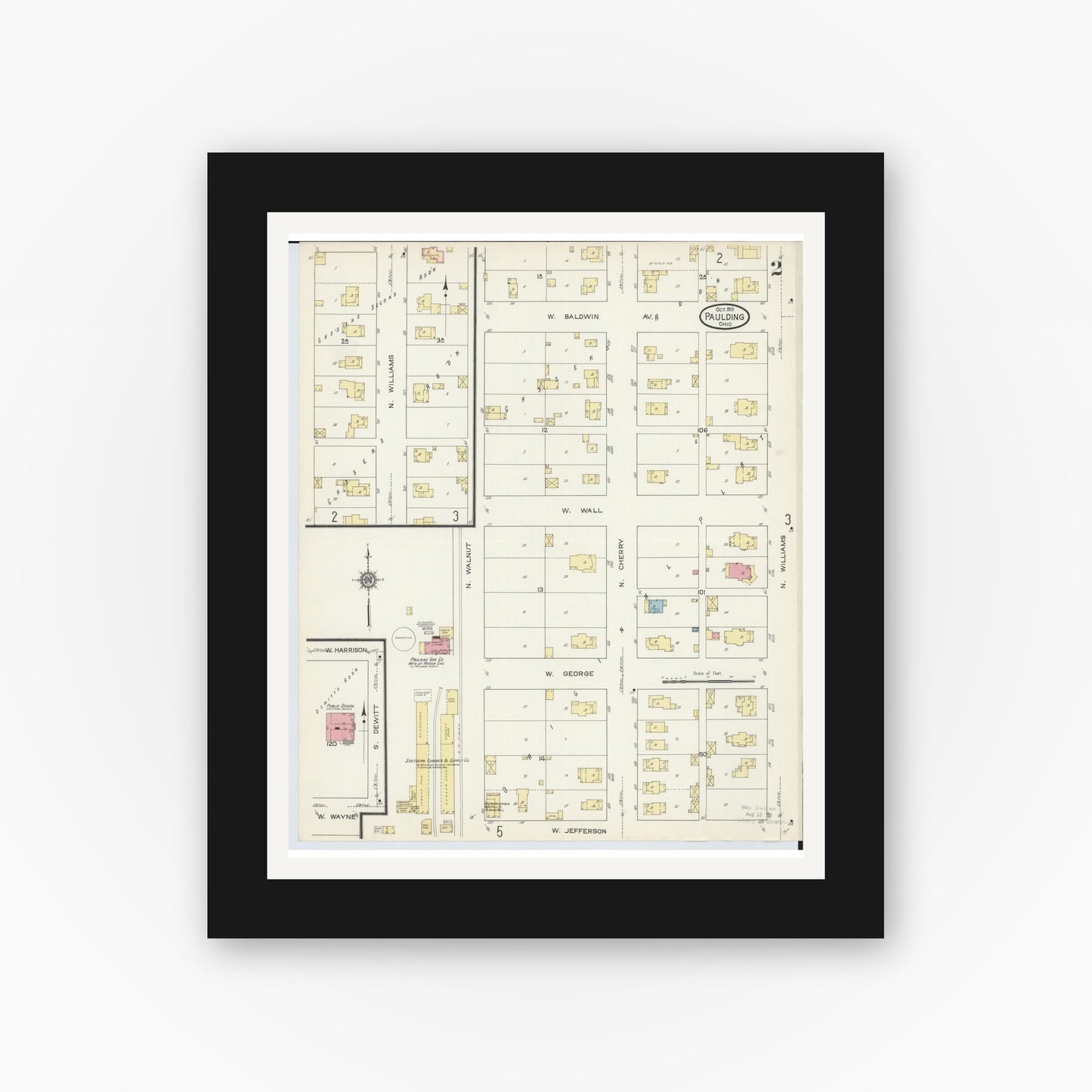 Old map wall art mockup — black gallery frame with white mat — Sanborn Fire Insurance Map from Paulding, Paulding County, Ohio (1913), Sheet #0002