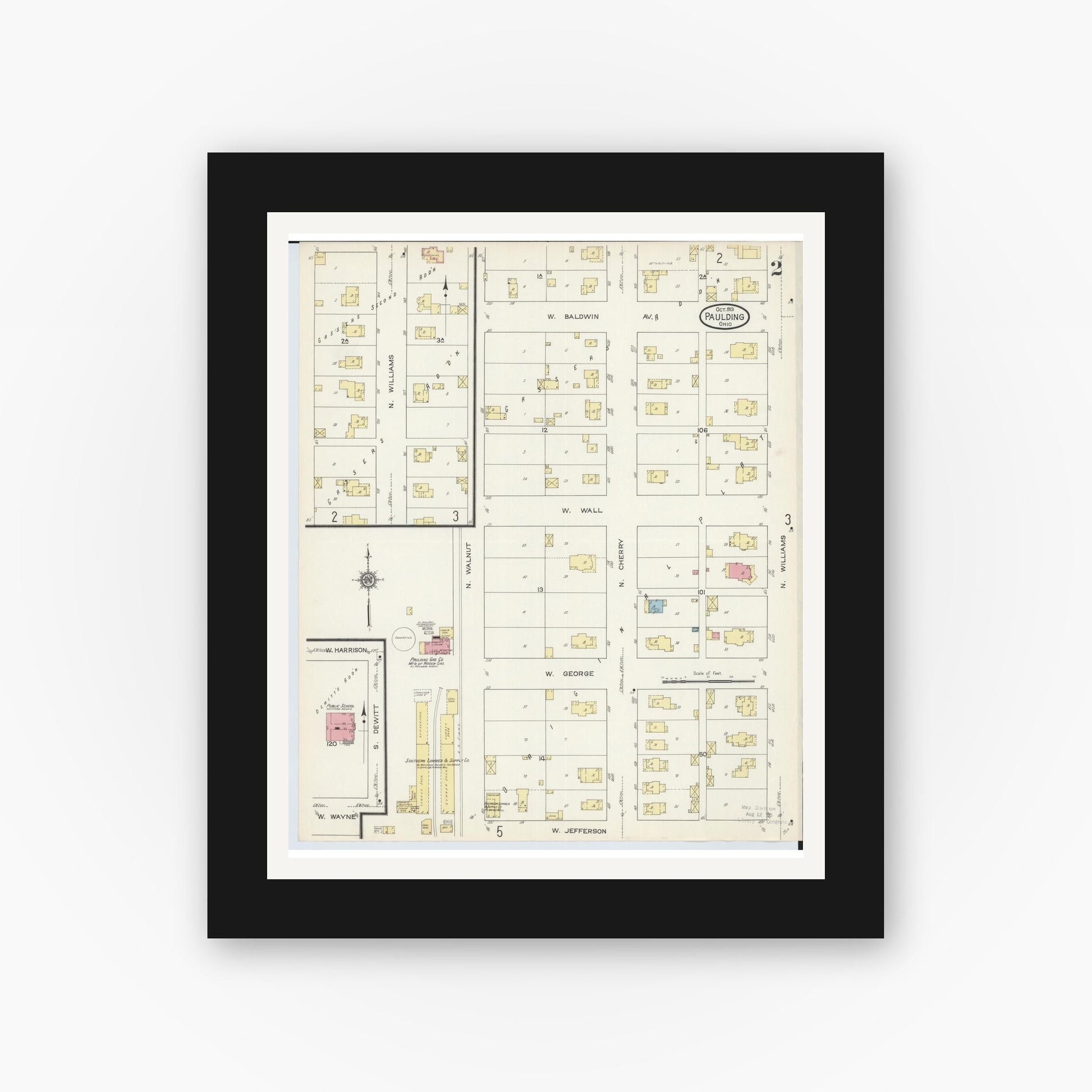 Old map wall art mockup — black gallery frame with white mat — Sanborn Fire Insurance Map from Paulding, Paulding County, Ohio (1913), Sheet #0002