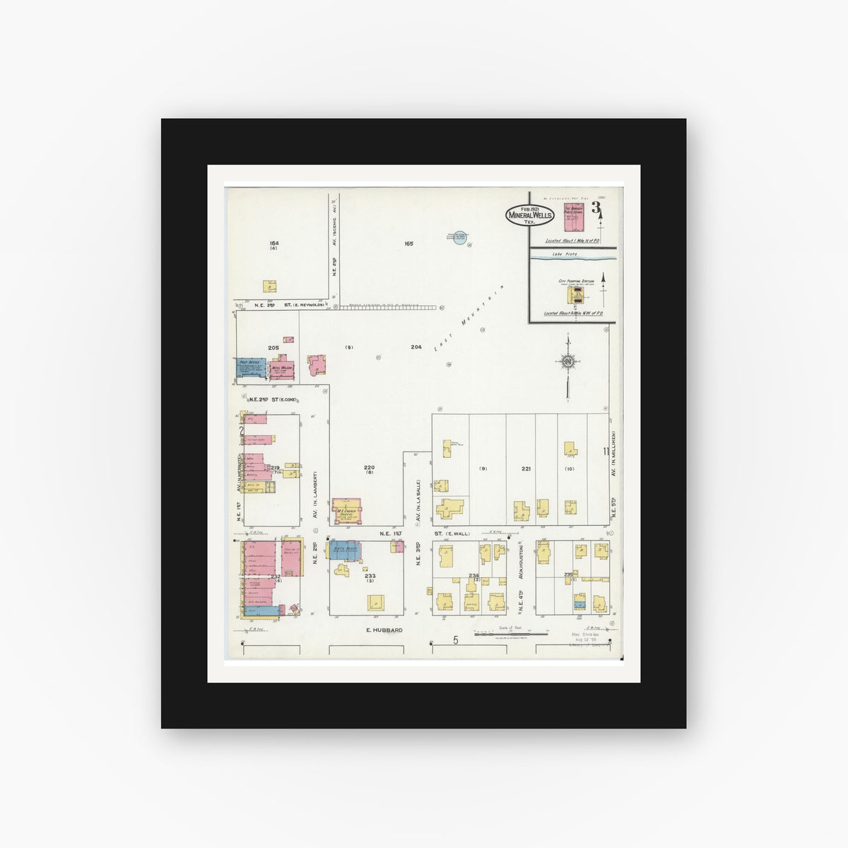 Old map wall art mockup — black gallery frame with white mat — Sanborn Fire Insurance Map from Mineral Wells, Palo Pinto County, Texas (1921), Sheet #0003