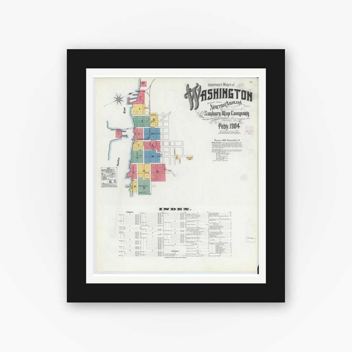 Old map wall art mockup — black gallery frame with white mat — Sanborn Fire Insurance Map from Washington, Beaufort County, North Carolina (1904) - Complete Map Set