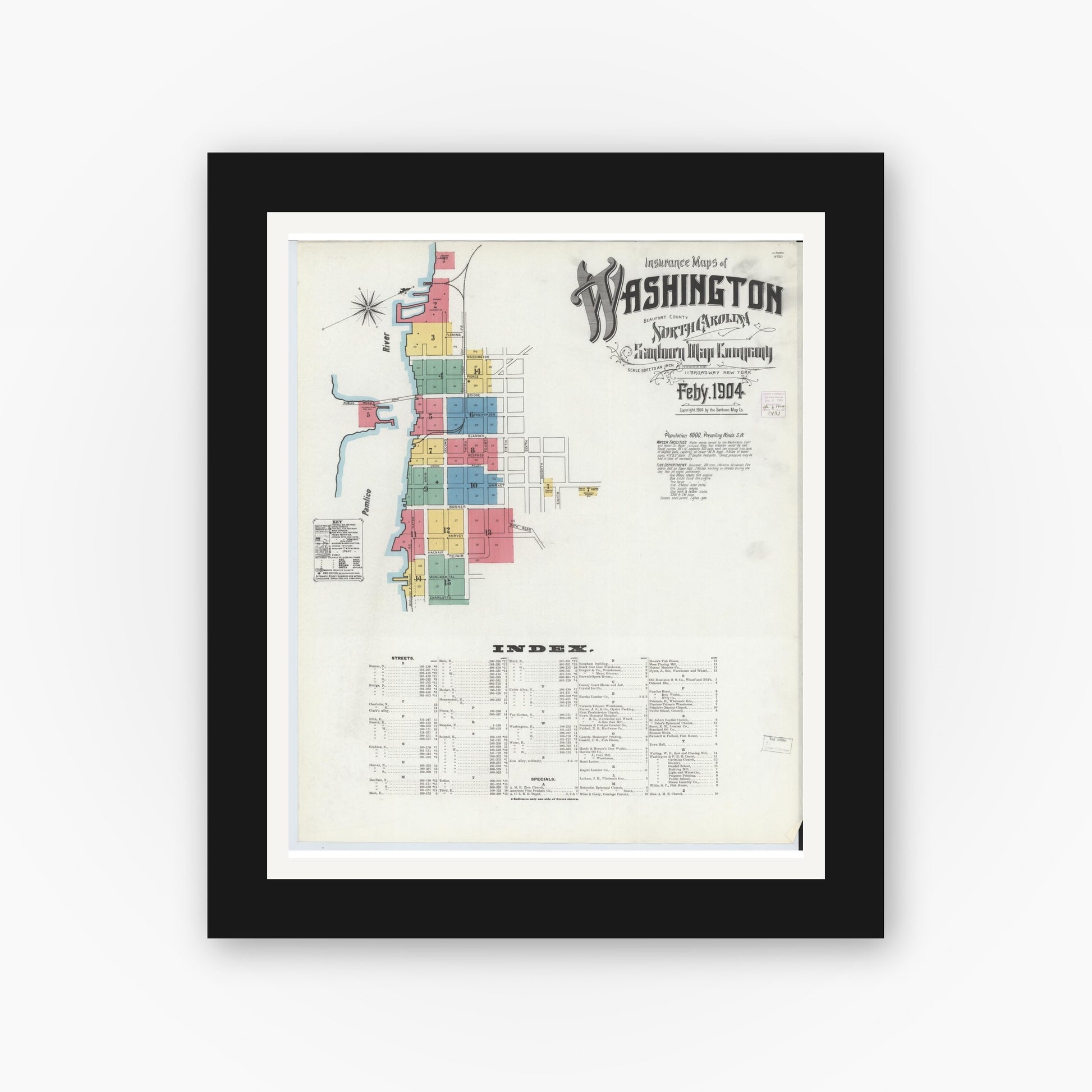 Old map wall art mockup — black gallery frame with white mat — Sanborn Fire Insurance Map from Washington, Beaufort County, North Carolina (1904) - Complete Map Set