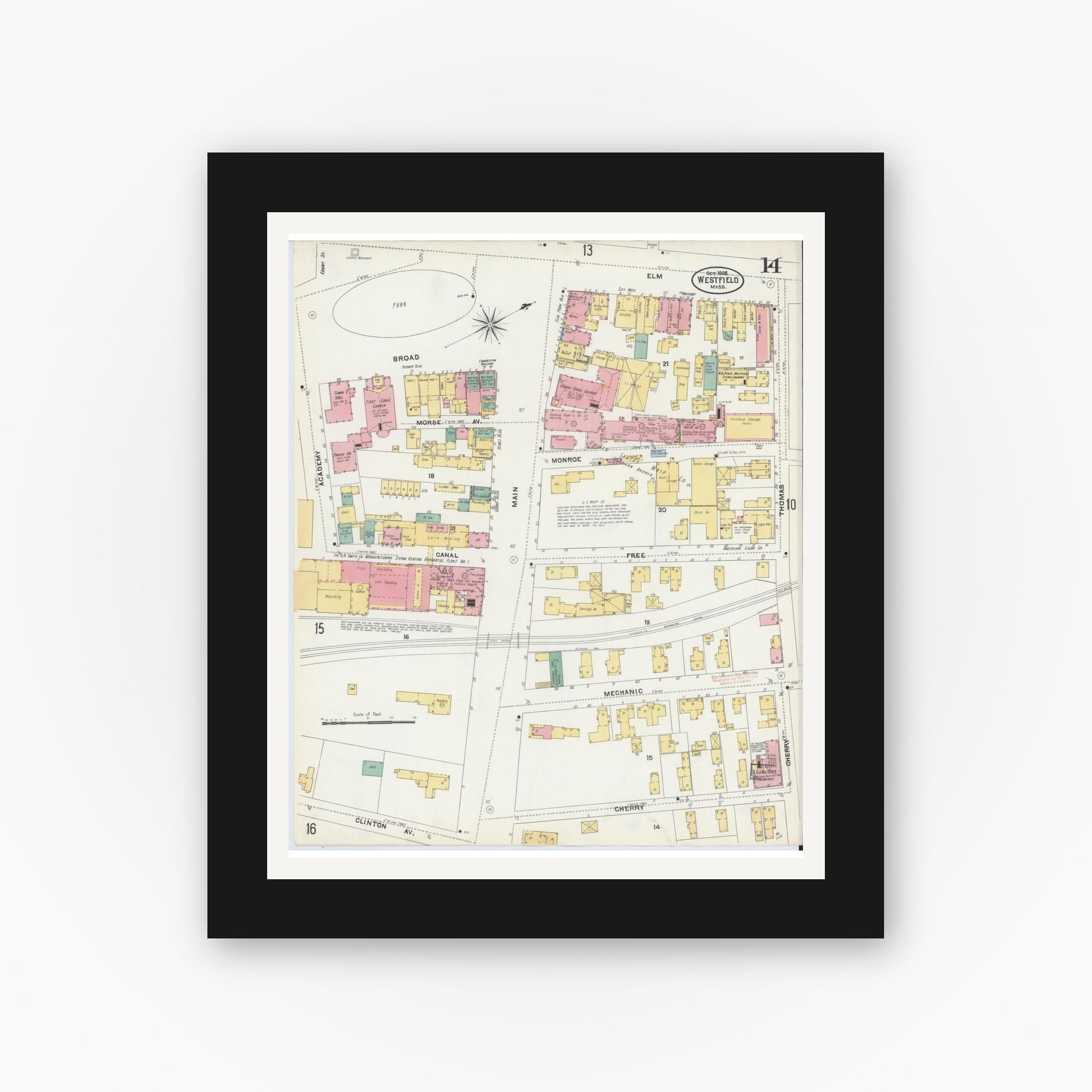 Old map wall art mockup — black gallery frame with white mat — Sanborn Fire Insurance Map from Westfield, Hampden County, Massachusetts (1905), Sheet #0014
