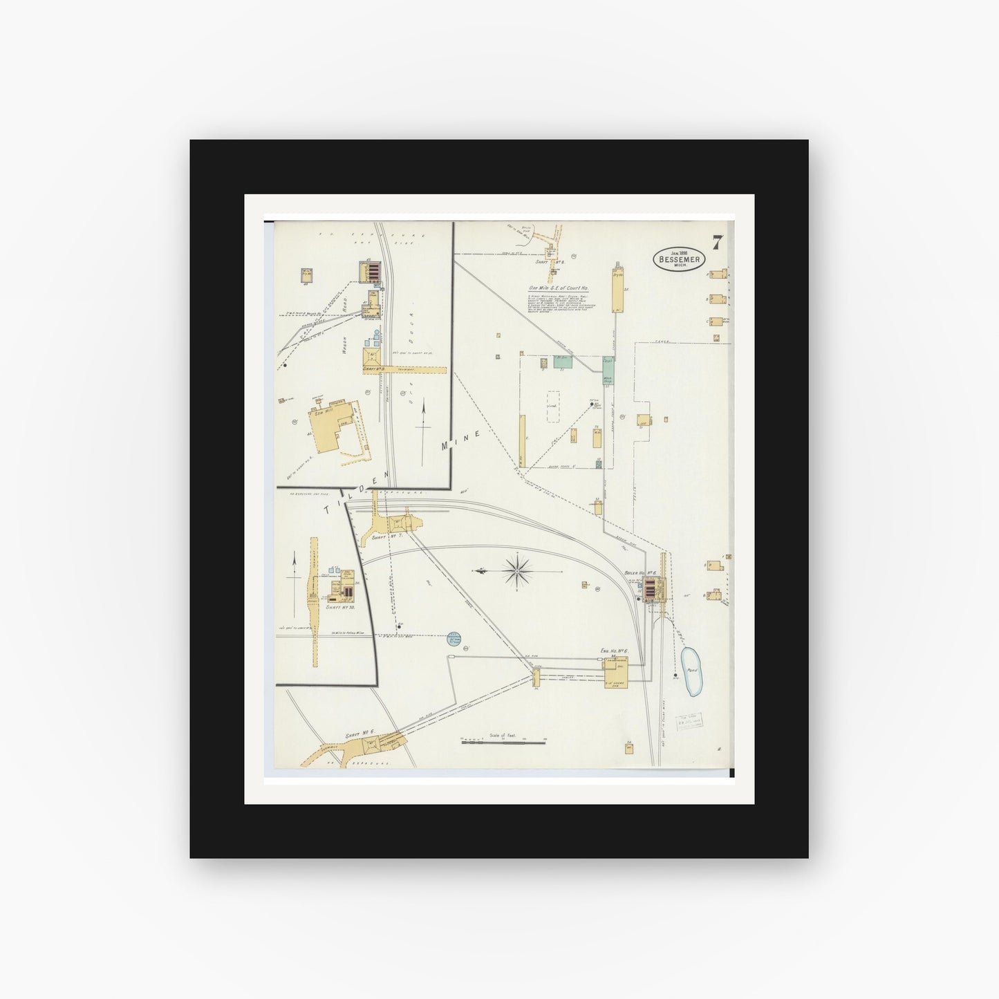 Old map wall art mockup — black gallery frame with white mat — Sanborn Fire Insurance Map from Bessemer, Gogebic County, Michigan (1898), Sheet #0007