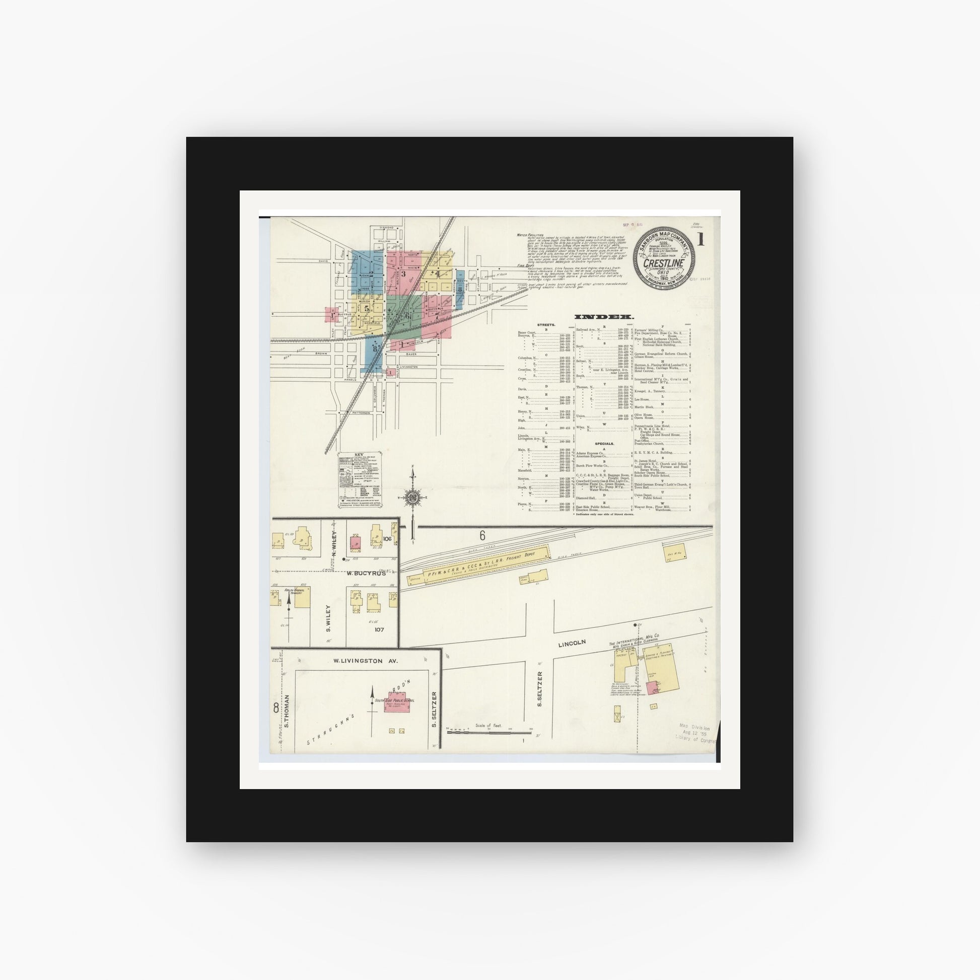 Old map wall art mockup — black gallery frame with white mat — Sanborn Fire Insurance Map from Crestline, Crawford County, Ohio (1910) - Complete Map Set