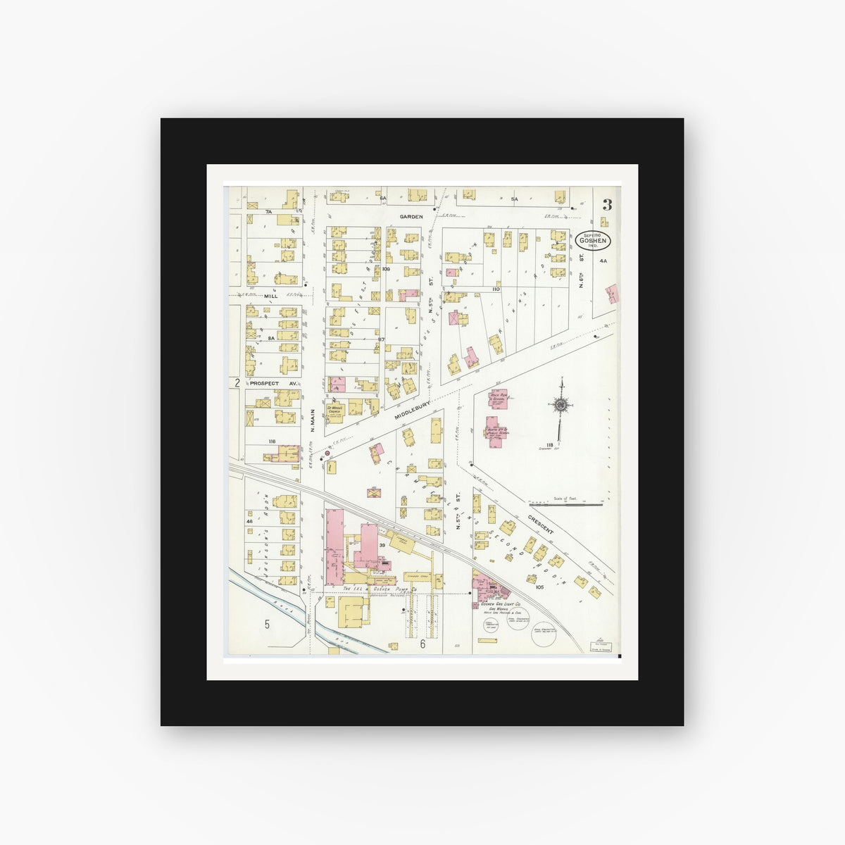 Old map wall art mockup — black gallery frame with white mat — Sanborn Fire Insurance Map from Goshen, Elkhart County, Indiana (1910), Sheet #0003