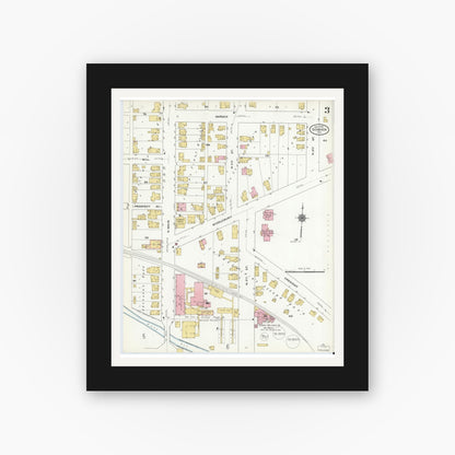 Old map wall art mockup — black gallery frame with white mat — Sanborn Fire Insurance Map from Goshen, Elkhart County, Indiana (1910), Sheet #0003