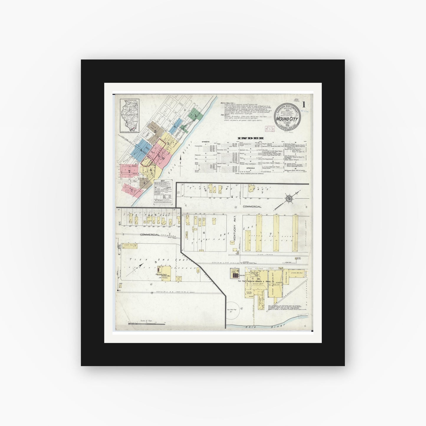 Old map wall art mockup — black gallery frame with white mat — Sanborn Fire Insurance Map from Mound City, Pulaski County, Illinois (1914), Sheet #0001