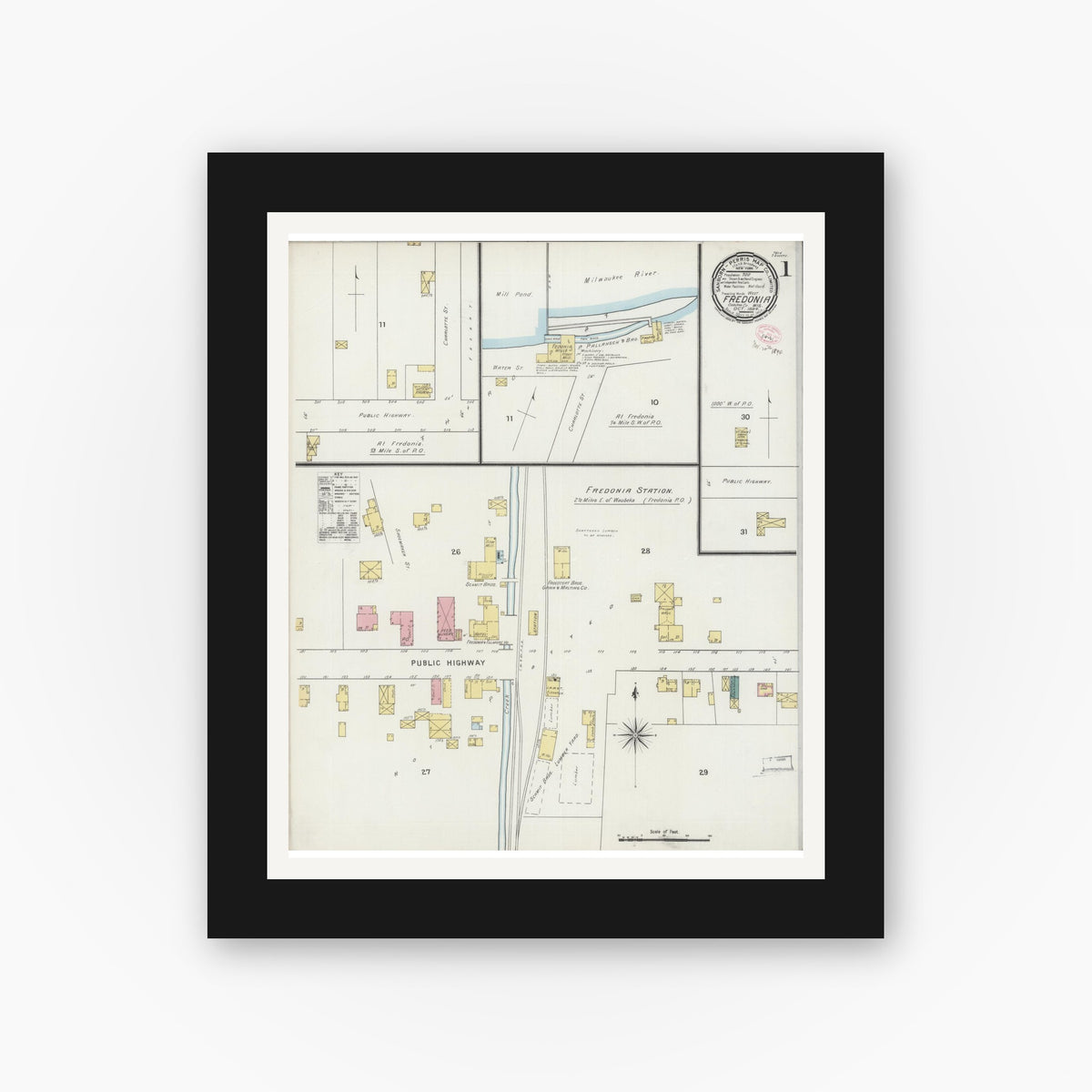 Old map wall art mockup — black gallery frame with white mat — Sanborn Fire Insurance Map from Fredonia, Ozaukee County, Wisconsin (1894) - Complete Map Set