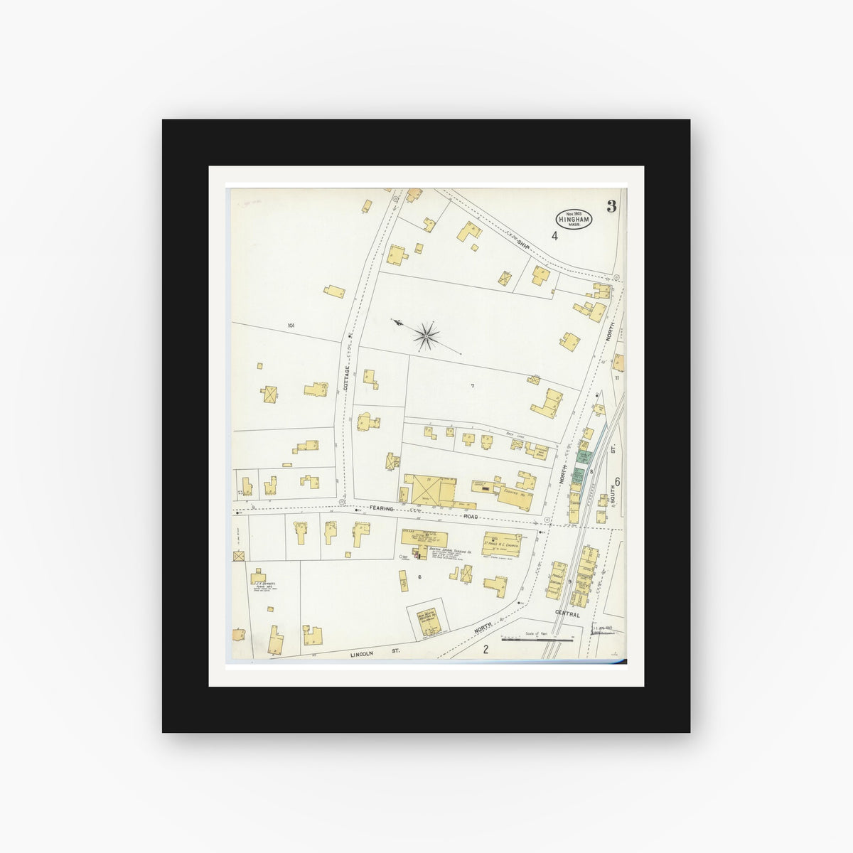 Old map wall art mockup — black gallery frame with white mat — Sanborn Fire Insurance Map from Hingham, Plymouth County, Massachusetts (1903), Sheet #0003