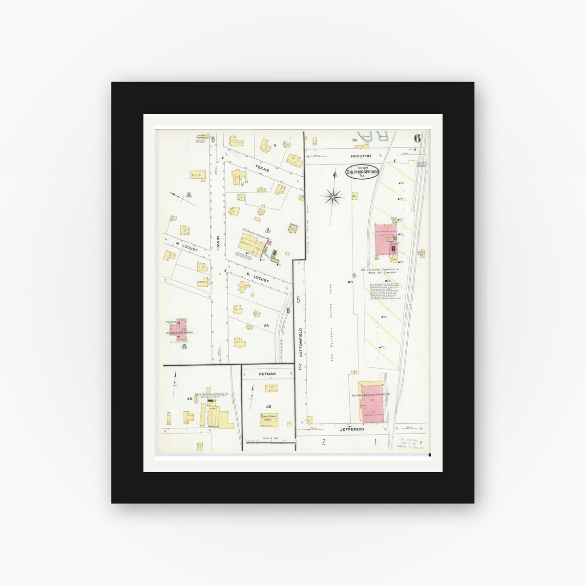 Old map wall art mockup — black gallery frame with white mat — Sanborn Fire Insurance Map from Sulphur Springs, Hopkins County, Texas (1909), Sheet #0006