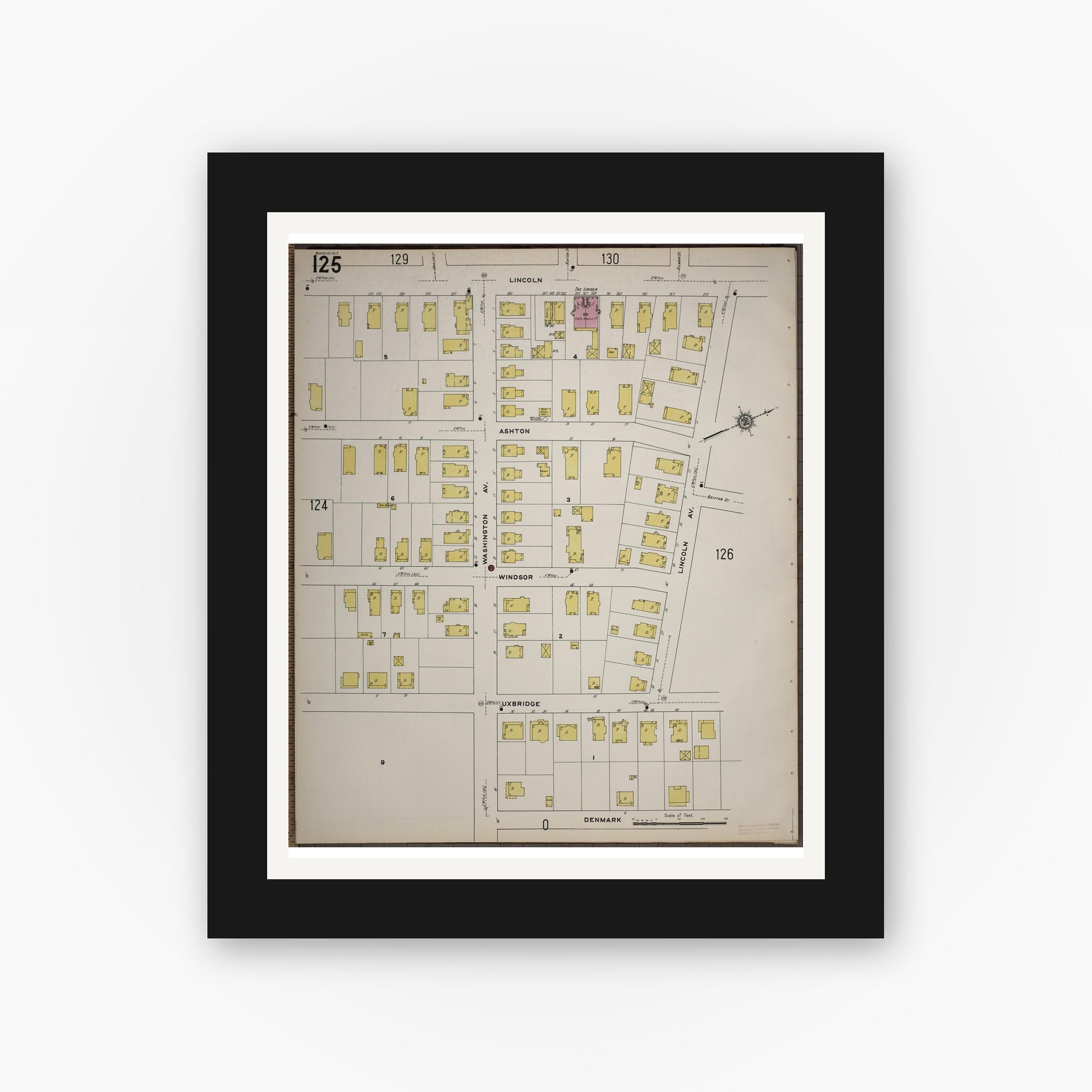 Old map wall art mockup — black gallery frame with white mat — Sanborn Fire Insurance Map from Worcester, Worcester County, Massachusetts (1910), Sheet #0125